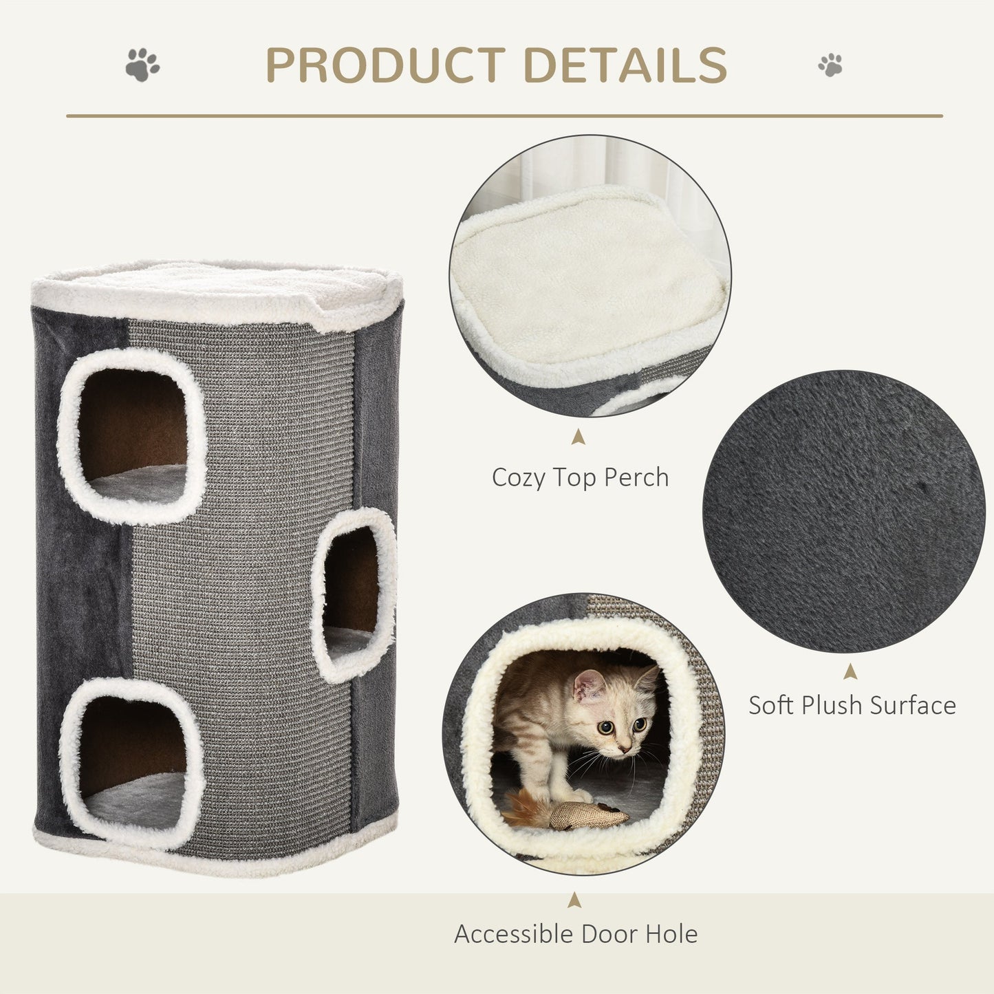 PawHut Sisal Cat Barrel with Soft Plush & Lamb Fleece Grey