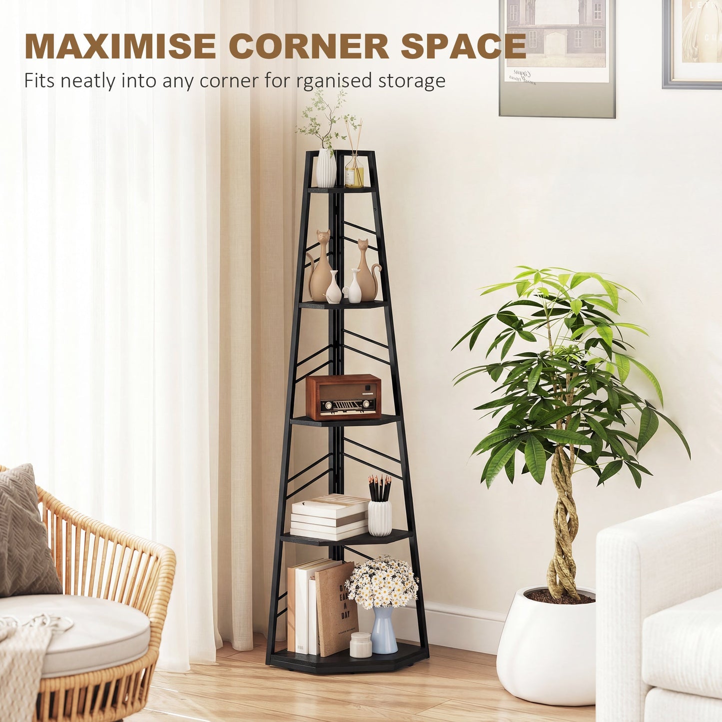 HOMCOM Corner Bookcase, 5-Tier Floor Standing Bookshelf, Shelving Unit for Living Room, Study, Bedroom, Black