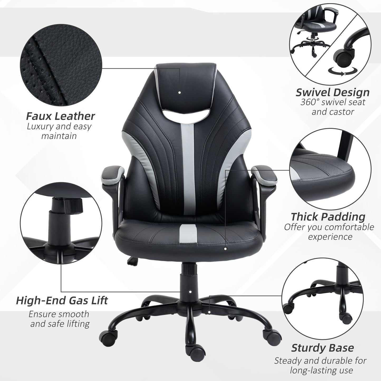 Vinsetto Racing Gaming Chair, Home Office Computer Desk Chair, Faux Leather Gamer Chair with Swivel Wheels, Black Grey