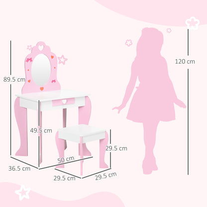 ZONEKIZ Kids Dressing table Set w/ Mirror, Stool, Drawer, Cute Patterns, for Ages 3-6 Years - Pink