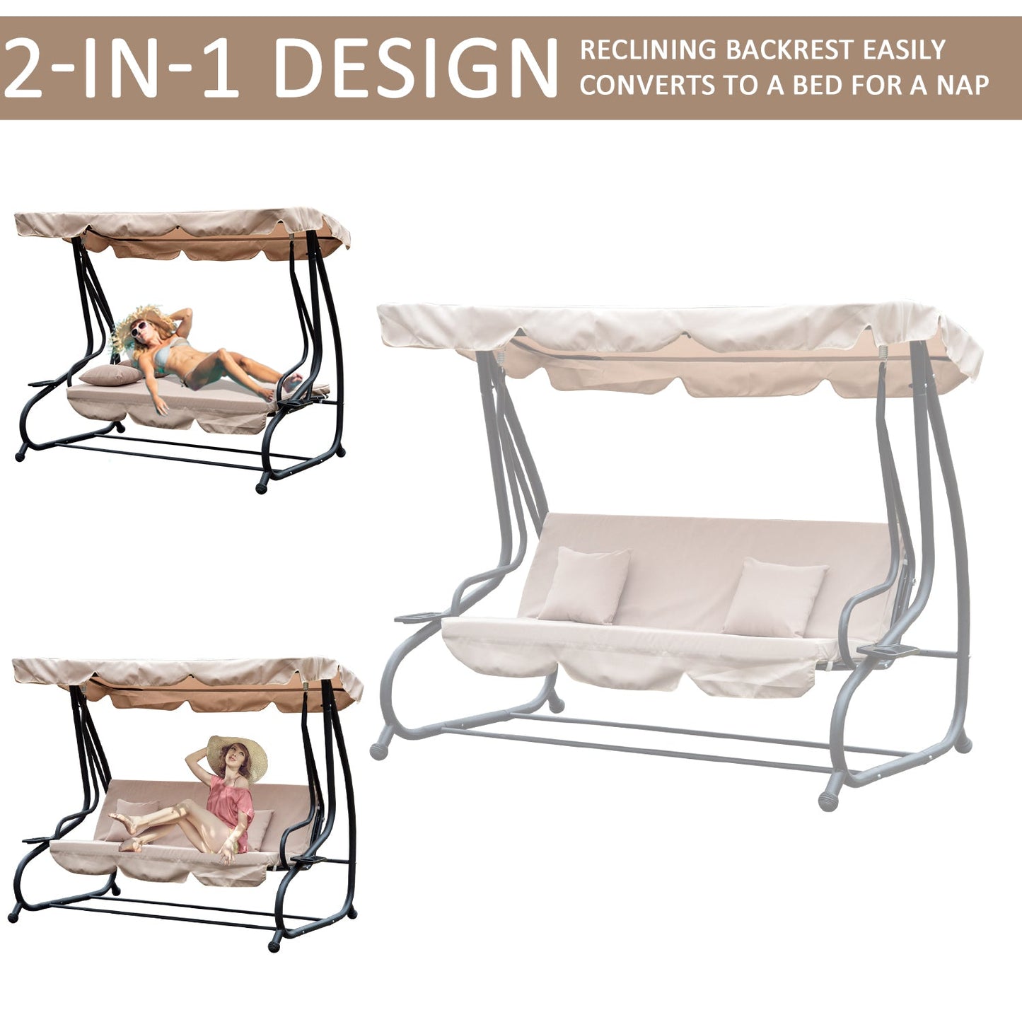 Outsunny 3 Seater Garden Swing Seat Bed Swing Chair 2-in-1 Hammock Bed Patio Garden Chair with Adjustable Canopy and Cushions, Light Brown