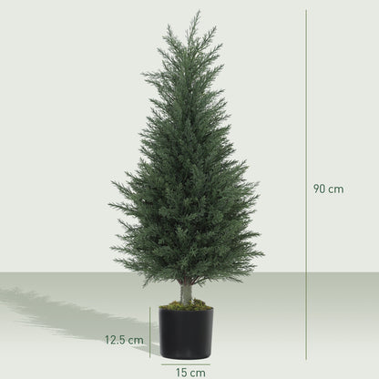 HOMCOM Zestaw 2 dekoracyjnych sztucznych roślin, 90 cm drzewo cyprysowe z 362 liśćmi w doniczce, odporne na promieniowanie UV plastikowe sztuczne drzewo do użytku wewnątrz i na zewnątrz w biurze domowym
