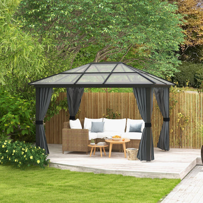 Outsunny 3 x 3.6m Hardtop Gazebo with UV Resistant Polycarbonate Roof and Aluminium Frame, Garden Pavilion with Mosquito Netting and Curtains