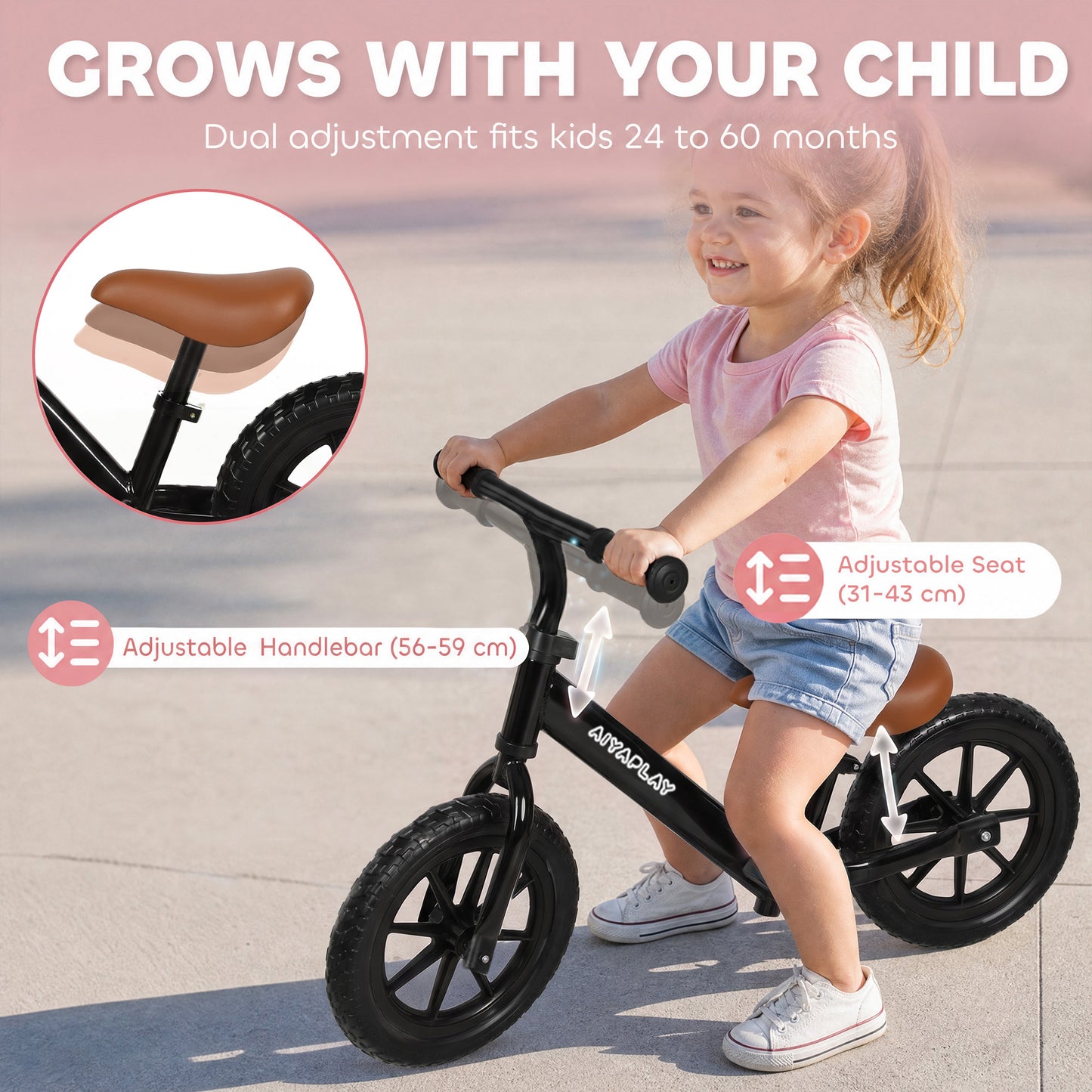 AIYAPLAY 11.2" Balance Bike for 2-5 Years, Toddler Bike with Lighting Wheels, Adjustable Seat & Handlebar, Black