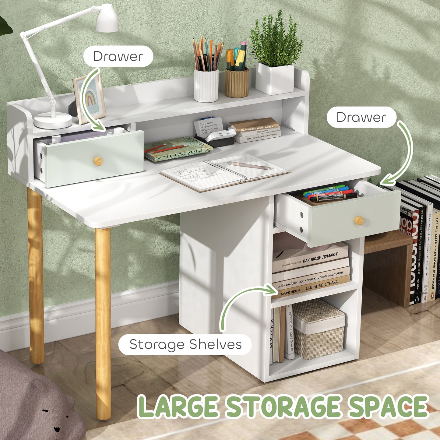 AIYAPLAY Two-Piece Children Study Table with Hutch, Kids Desk and Chair Set with Storage, Drawer, Shelves, Green