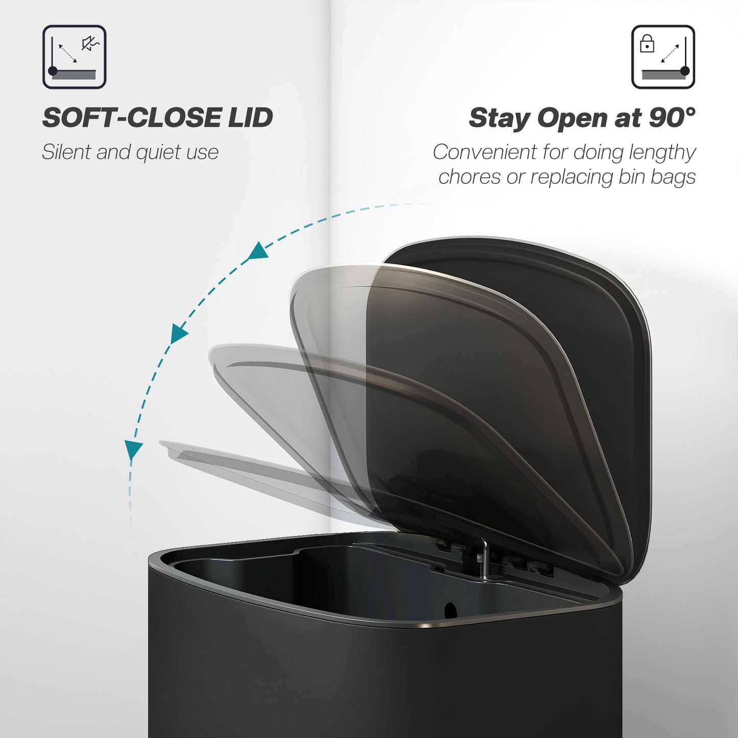 HOMCOM 50L Kitchen Bin with Soft-Close Lid and Stay-Open Function, Stainless Steel Pedal Bin with Removable Inner Bucket, Carry Handle for Kitchen, Office, Home, Black