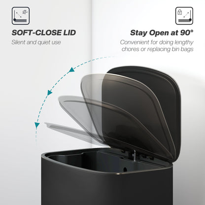 HOMCOM 50L Kitchen Bin with Soft-Close Lid and Stay-Open Function, Stainless Steel Pedal Bin with Removable Inner Bucket, Carry Handle for Kitchen, Office, Home, Black