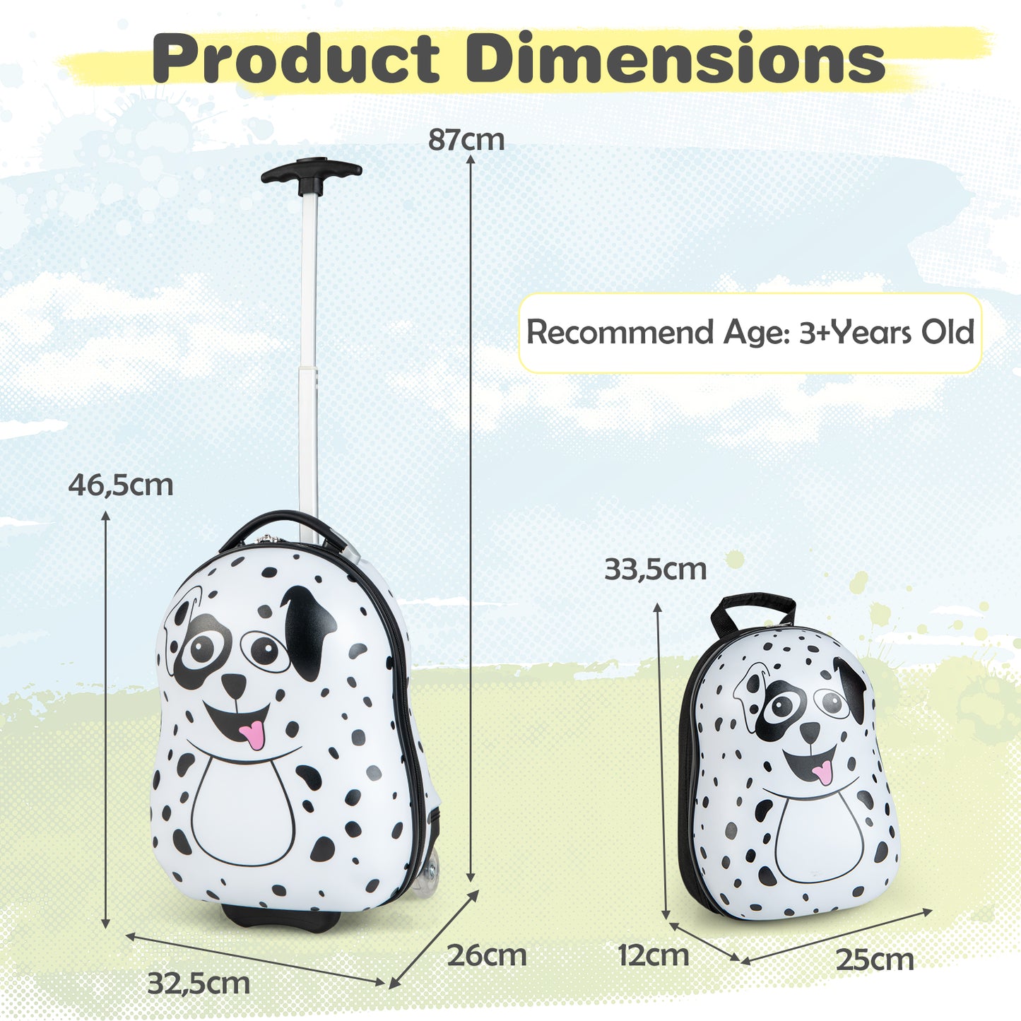 2 Pieces Kids Luggage Set with Wheels and Height Adjustable Handle-White &amp; Black