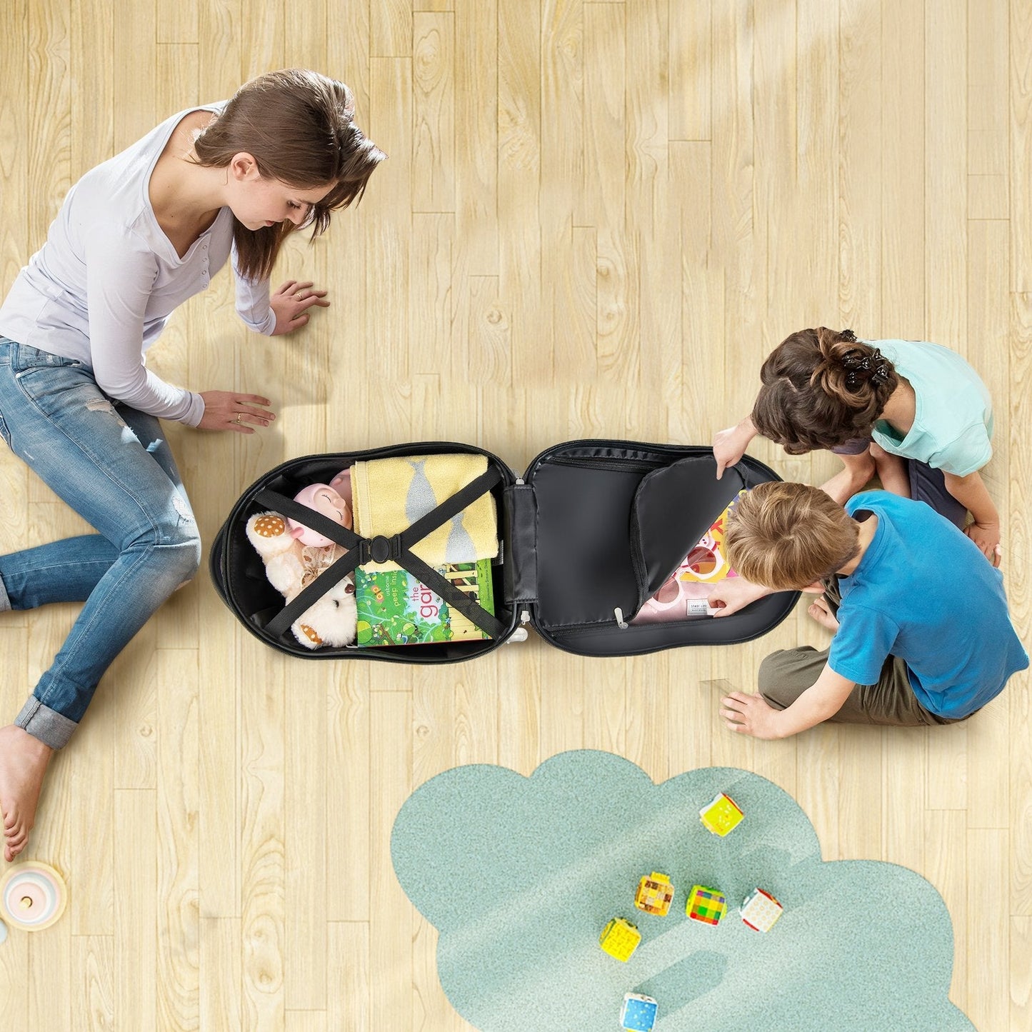 2 Pieces Kids Luggage Set with Wheels and Height Adjustable Handle-White & Black