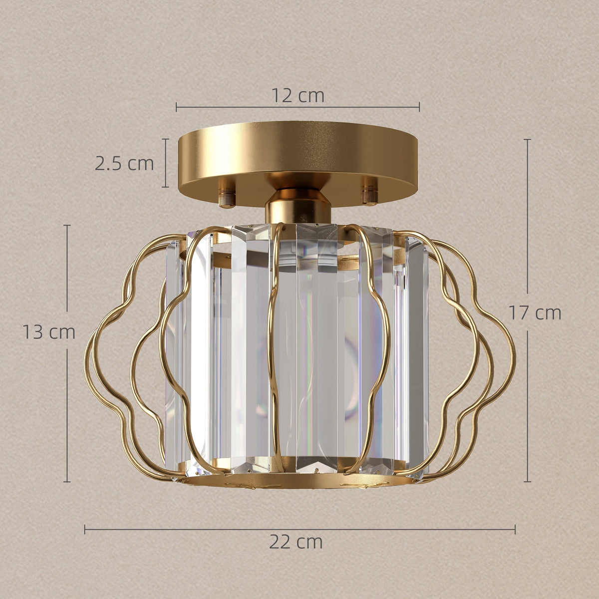 HOMCOM Crystal Ceiling Light Fixtures, Modern Semi-Flush Ceiling Lighting with Crystal Strips, 2 Pack, Gold Tone