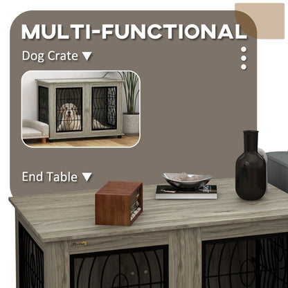 PawHut Indoor Dog Crate Furniture End Table with Soft Washable Cushion, Lockable Front Door, for Large Dogs - Grey