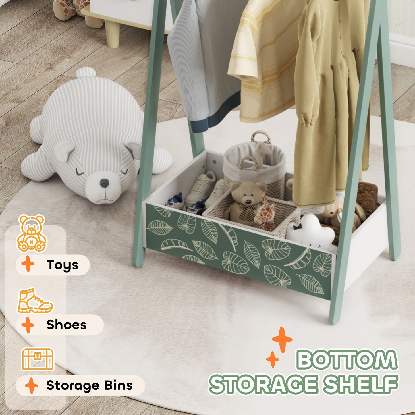 AIYAPLAY Baby Clothing Rack with Hangers, Storage Shelf for Bedroom, Leaf Theme, for Ages 3-6, Green