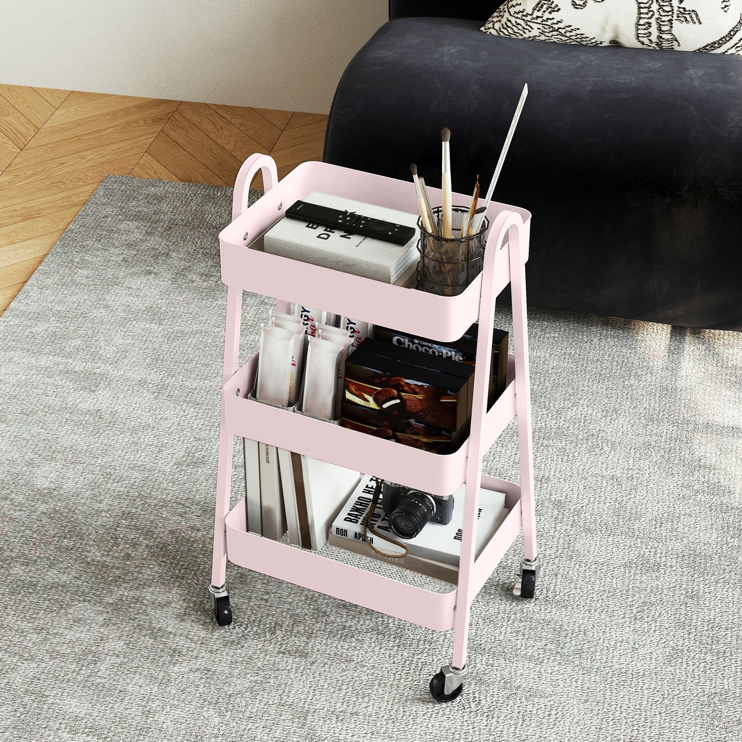 Wózek magazynowy HOMCOM Three-Tier - różowy
