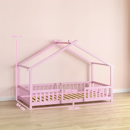 AIYAPLAY Wooden Kids House Single Bed Frame, Solid Pine Wood Toddler Bed with Dual Guardrails for Children, Boys, Girls, Pink