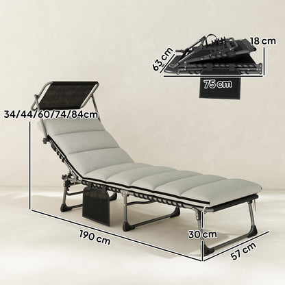 Outsunny Folding Sun Lounger with Canopy, Reclining Sunbed with Cushion, Side Pocket, Carrying Handle, Light Grey