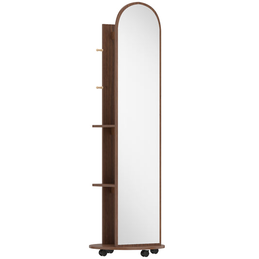 HOMCOM 2-in-1 Full Length Mirror with Storage Shelves, Floor Mirror with 4 Wheels, Coat Rack, Hooks, Brown Wood Effect