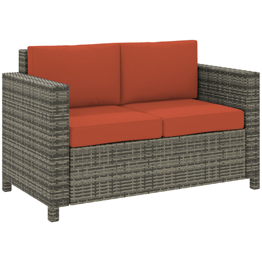 Sofa rattanowa Outsunny, 2-osobowa ogrodowa z miękką wyściółką i podłokietnikami, wiklinowa ogrodowa sofa dwuosobowa na patio, szara