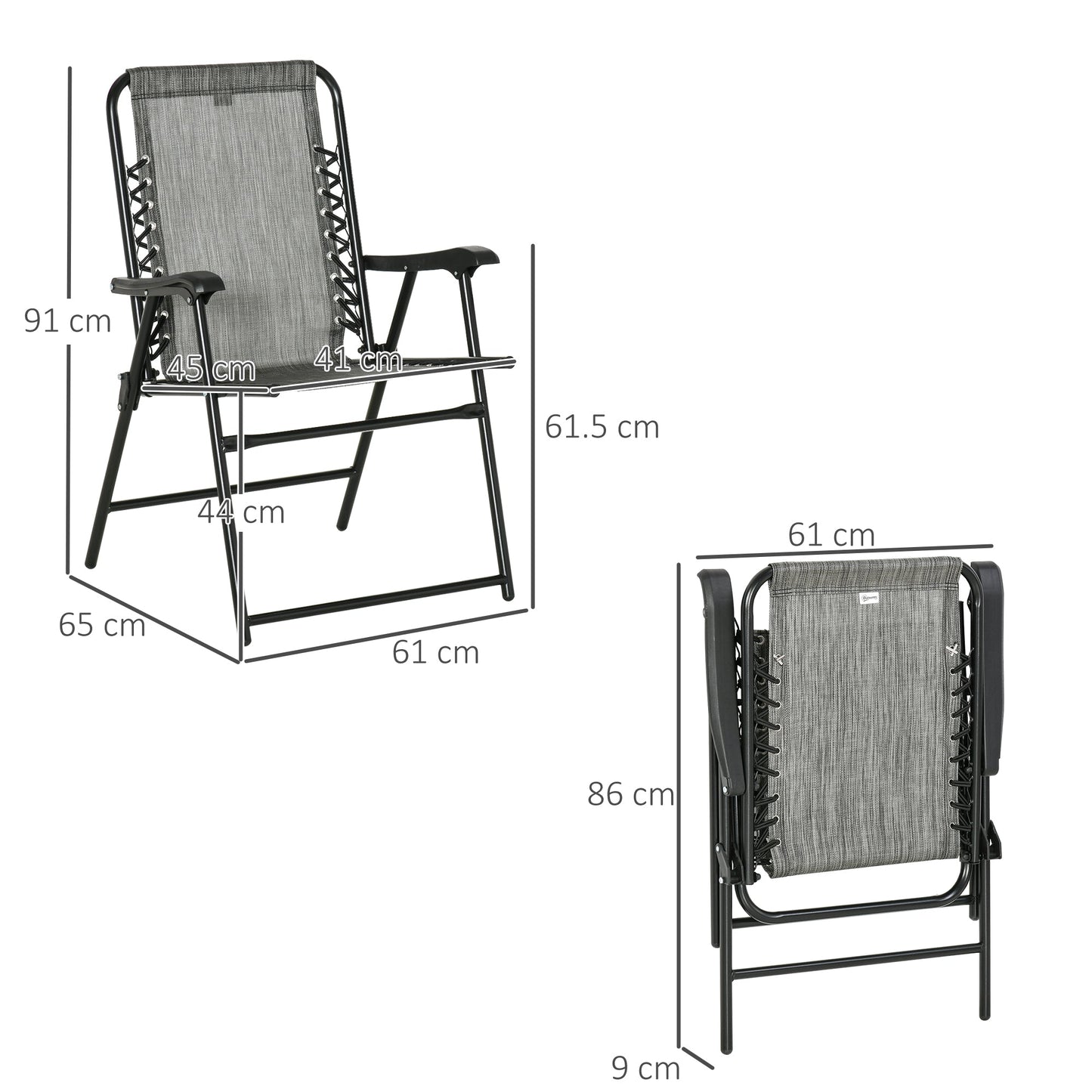 Outsunny 2 Pieces Foldable Chair Set, Outdoor Portable Loungers for Camping Pool Beach Deck, Lawn Chairs with Armrest Steel Frame, Grey