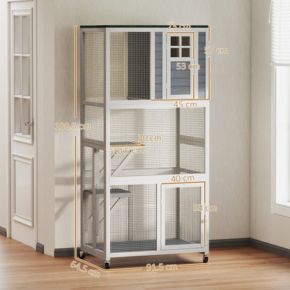 PawHut Wooden Catio Cat Outdoor Enclosure, Cat Cage with Waterproof Roof, Platforms, for Multiple Cats, White