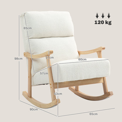 HOMCOM Upholstered Rocking Chair, Teddy Fleece Fabric, High Back, Armrests, Rubberwood Legs, Cream White