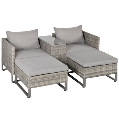 Outsunny 5pcs Patio Rattan Wicker Sofa Set Chaise Lounge Double Sofa Bed Furniture w/ Coffee Table & Footstool for Patios, Garden, Backyard, Grey