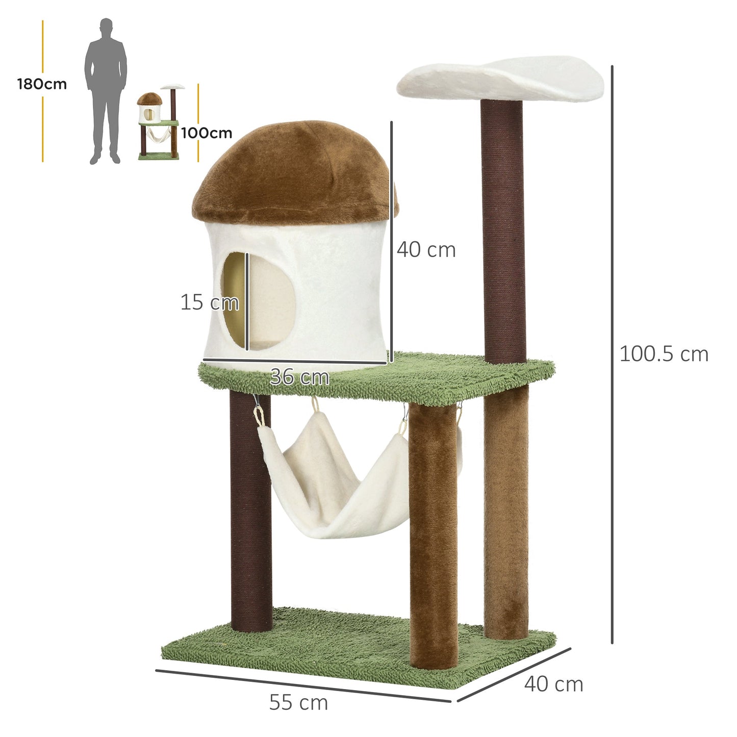 PawHut 100cm Cat Tree, Kitty Activity Center with Mushroom-shaped Condo, Cat Tower with Sisal Scratching Post, Hammock, Green