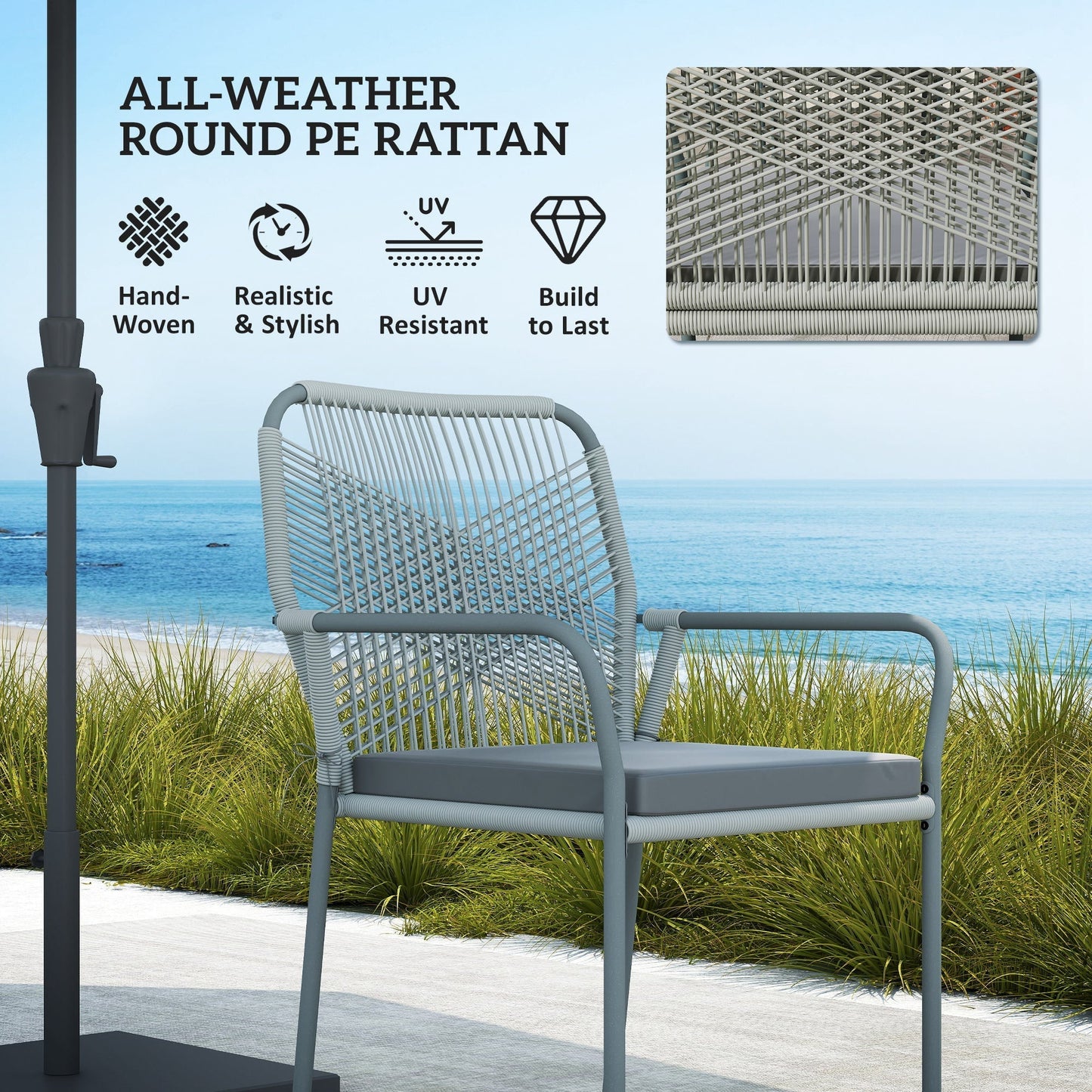 Outsunny Five-Piece PE Rattan Garden Dining Set with Cushions & Stackable Chairs - Light Grey