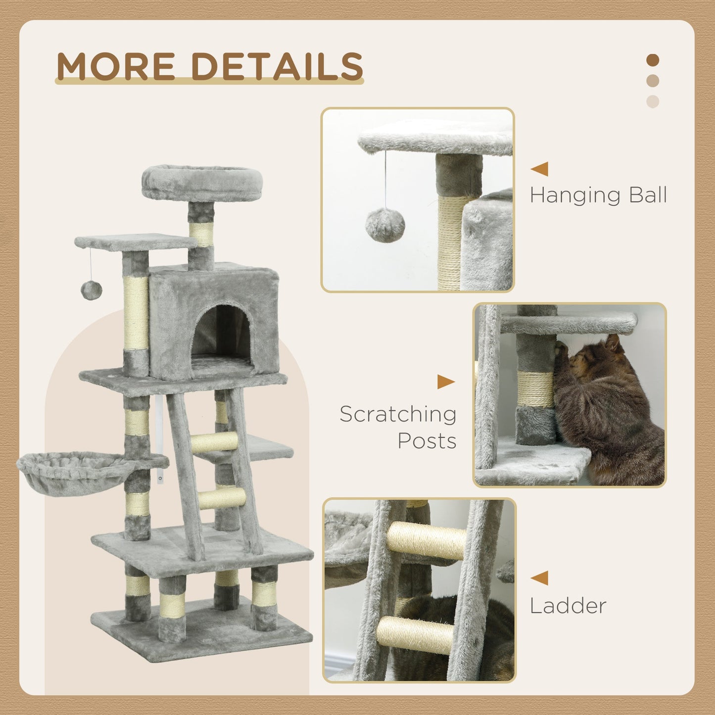 PawHut Plush Cat Tree, 125cm Cat Scratching Post for Indoor Large Cats with Hammock and Condo Activity Center Grey