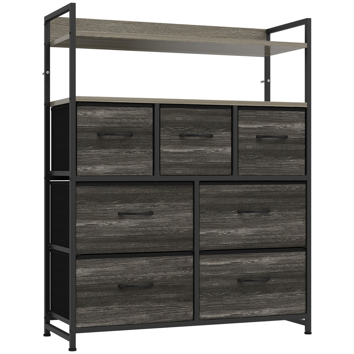 HOMCOM Chest of Drawers, Bedroom Fabric Dresser with 7 Drawers, Storage Organiser Unit with Open Shelves, Grey Wood-Effect