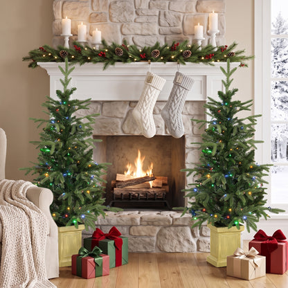 HOMCOM Set of 2 Prelit Christmas Trees with Dual-Colour LEDs, Remote, 4ft Artificial Aspen Fir Battery-Operated, 11 Modes, Pot
