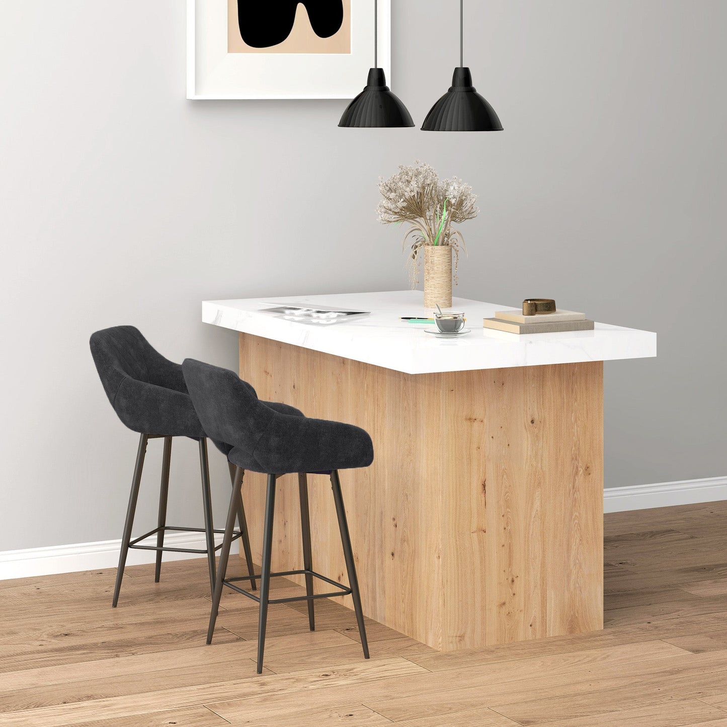 HOMCOM Set of Two Velvet-Feel Bar Stools - Grey