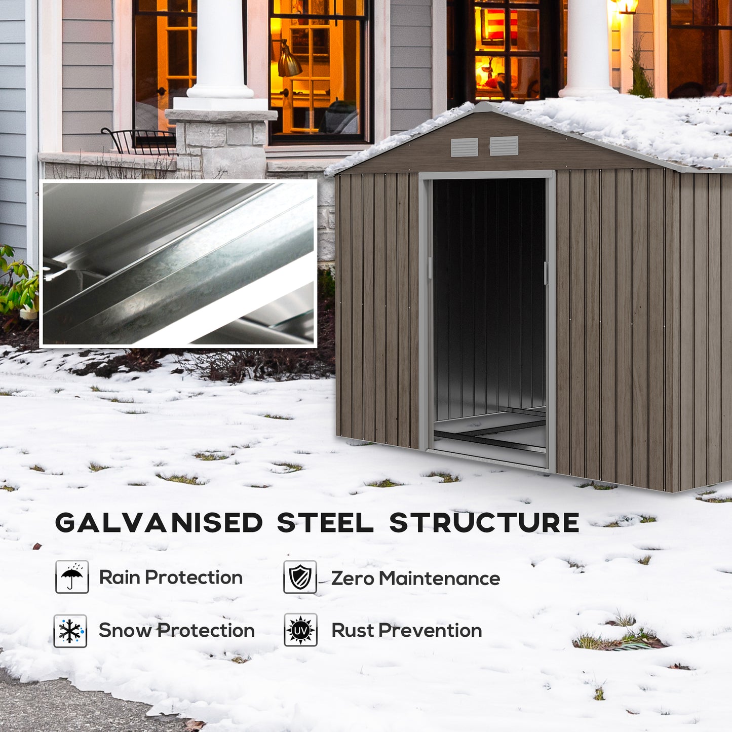Outsunny 9 x 6ft Garden Metal Storage Shed, zewnętrzny domek narzędziowy z otworami wentylacyjnymi, fundamentem i zamykanymi podwójnymi drzwiami, brązowy
