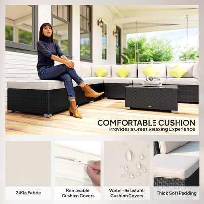 Outsunny 8 Piece Rattan Corner Sofa Set with Wide & Deep Seat, Assembled Aluminium PE Rattan Garden Furniture Set with Thick Cushions and Glass Top Table for Outdoor, Conservatory, Black