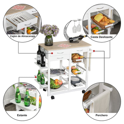 Rolling Kitchen Island on Wheels Trolley Utility Cart with Spice Racks, Towel Rack, Baskets & Drawers for Dining Room