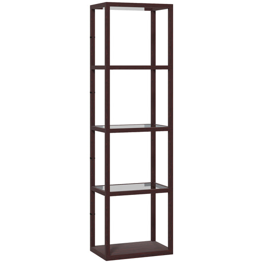 HOMCOM LED Floor Lamp with Glass Shelves, 4 Layers Dimmable Tall Standing Lamp, Modern Column Shelf Floor Light for Living Room, Bedroom, Office, Dark Brown