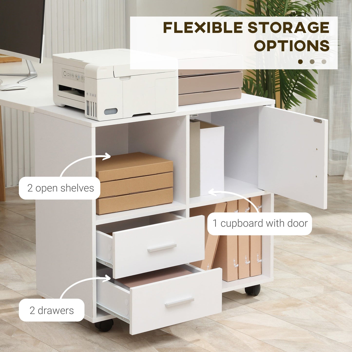 Vinsetto Printer Stand with Wheels, Mobile Printer Table with Open Shelves, Drawers and Enclosed Compartment for Home Office, 80W x 38.5D x 74.5Hcm, White