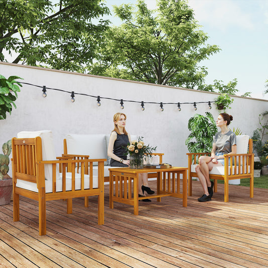 Outsunny Czteroczęściowy zestaw wypoczynkowy ogrodowy z drewna akacjowego - Teak/krem