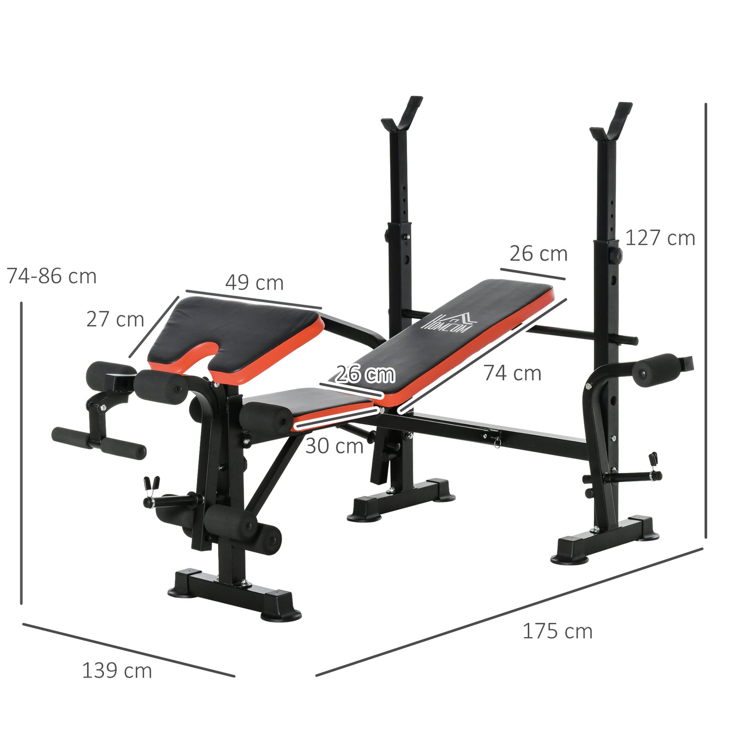 HOMCOM Adjustable Weight Bench with Leg Developer Barbell Rack for Weight Lifting and Strength Training Multifunctional Workout Station for Home Gym Fitness, Red