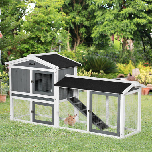 PawHut Rabbit Hutch Outdoor, 2-poziomowa klatka dla świnki morskiej, drewniany domek dla małych zwierząt z wybiegiem dla królików, wysuwana taca, rampa, 175,8 x 52 x 85,5 cm, biały