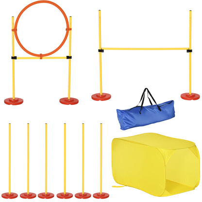 PawHut 4PCs Portable Pet Agility Training Obstacle Set for Dogs w/ Adjustable Weave Pole, Jumping Ring, Adjustable High Jump, Tunnel