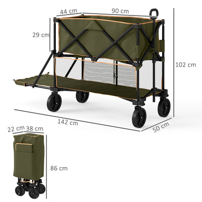 Outsunny Double Decker Folding Festival Trolley on Wheels, 200KG & 350L Capacity Collapsible Wagon Festival Trolley Cart with 134cm Extended for Camping Sports Shopping Garden and Beach, Grey