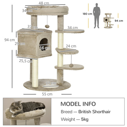 PawHut Cat Tree w/ Multiple Levels, Cat House, Bed and Toy Ball - Brown