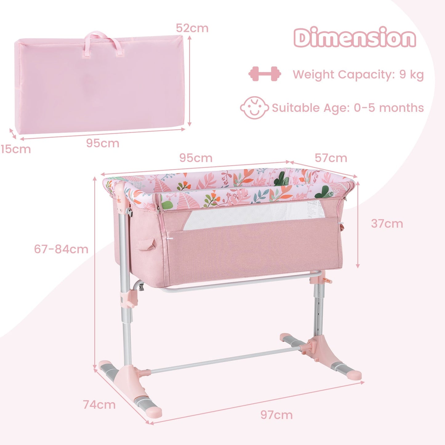 Baby Bassinet Crib Bedside Sleeper with Adjustable Height-Pink