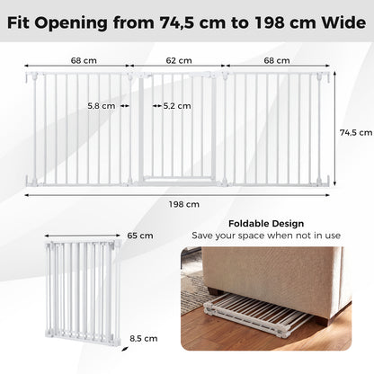 Baby Gate for Stairs Doorways 3-Panel Hardware-Mounted Safety Pet Gate-White