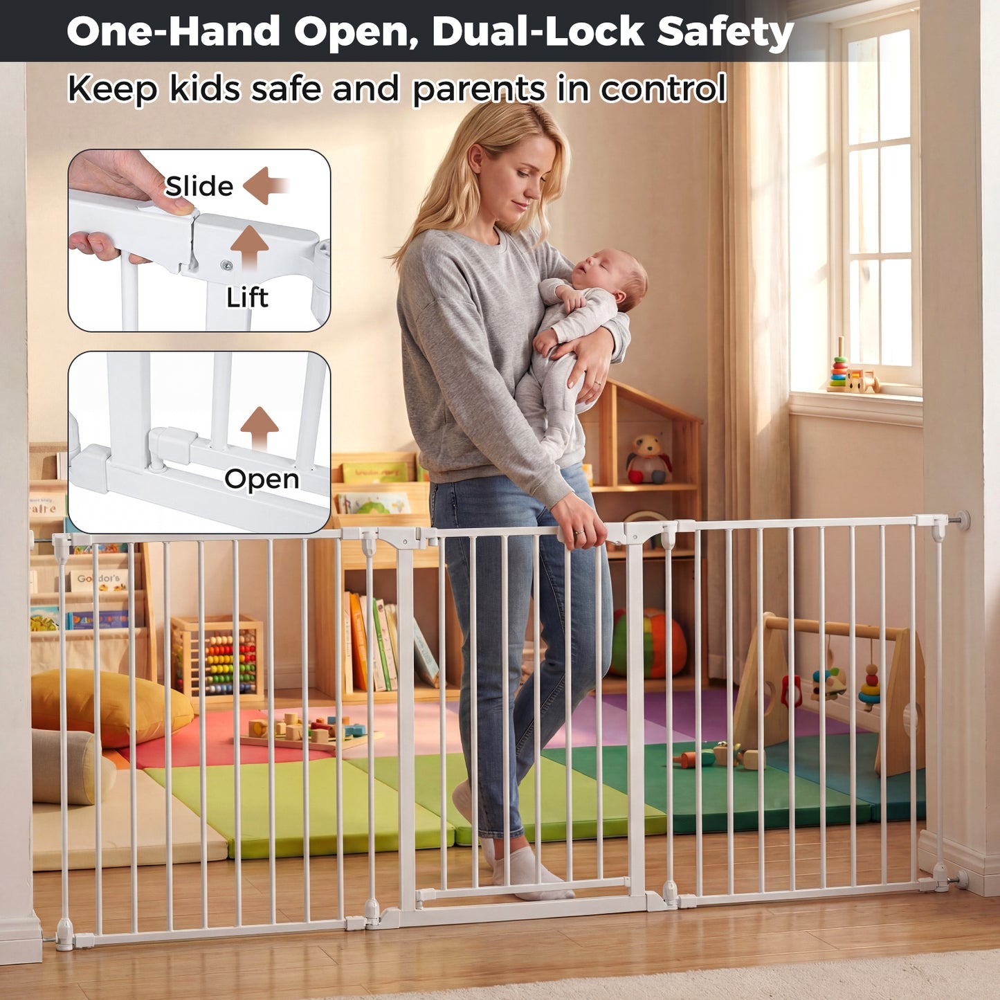 Baby Gate for Stairs Doorways 3-Panel Hardware-Mounted Safety Pet Gate-White