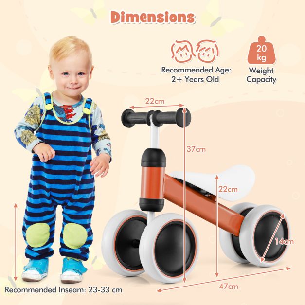 No Pedal Baby 4 Wheels Balance Bike with Non-slip Handlerbar-Orange