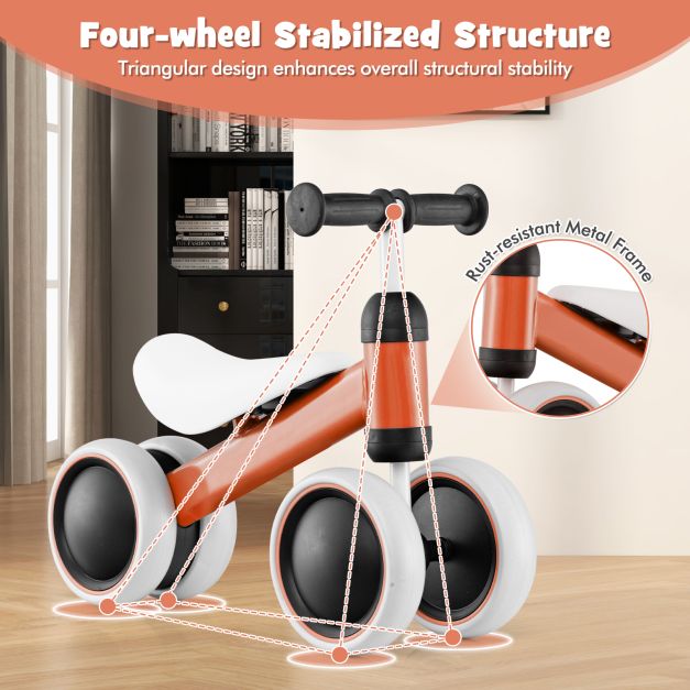 No Pedal Baby 4 Wheels Balance Bike with Non-slip Handlerbar-Orange
