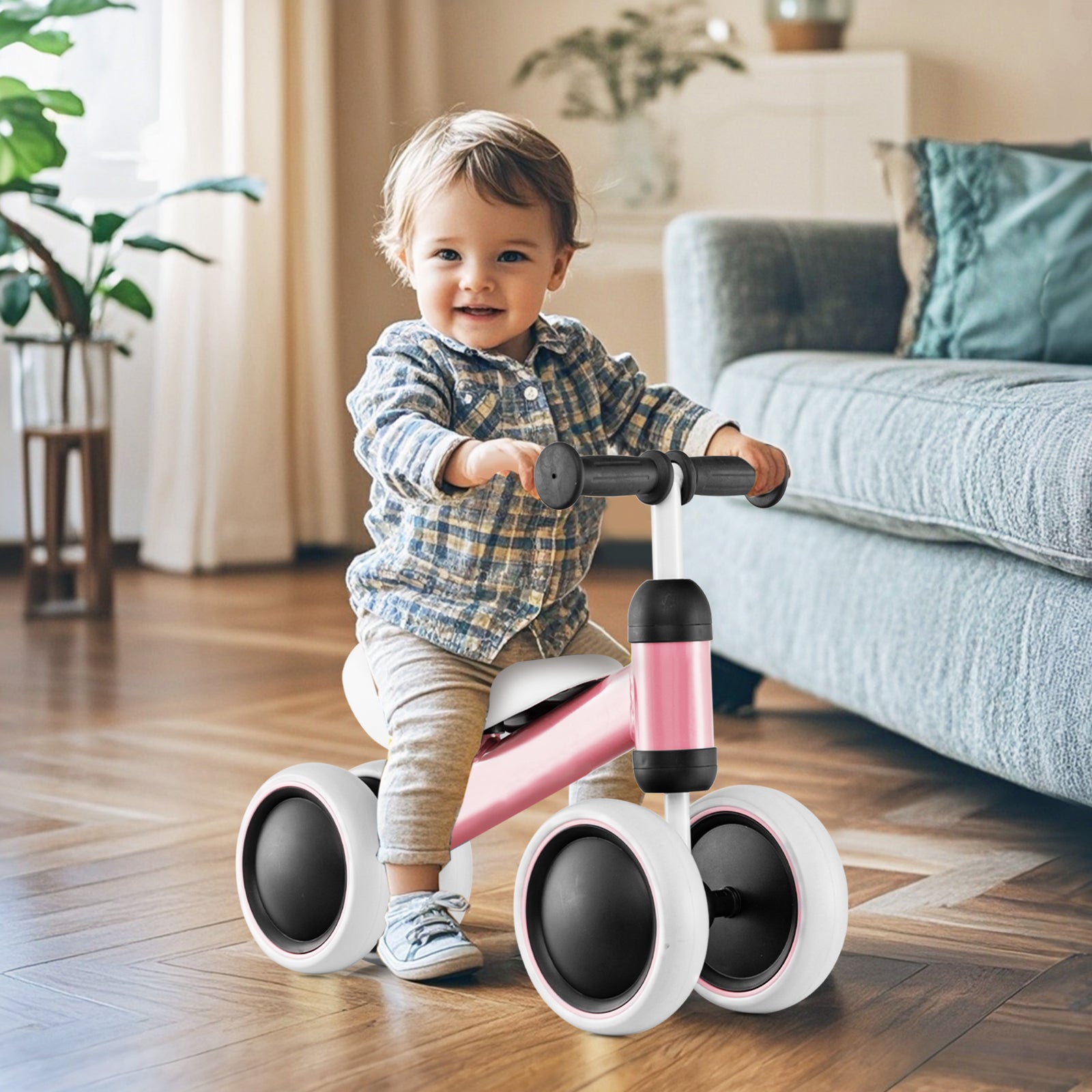 No Pedal Baby 4 Wheels Balance Bike with Non-slip Handlerbar-Pink