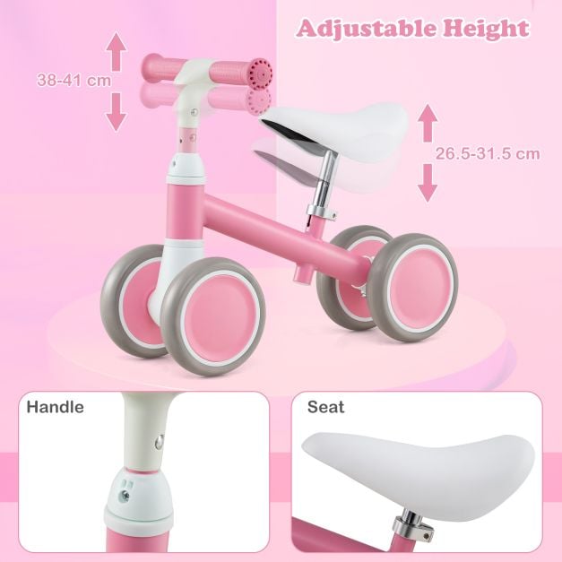 Baby Balance Bike with Height Adjustable Handle and Seat-Pink