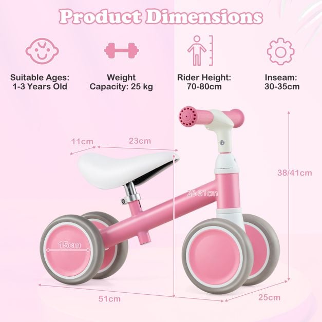 Baby Balance Bike with Height Adjustable Handle and Seat-Pink